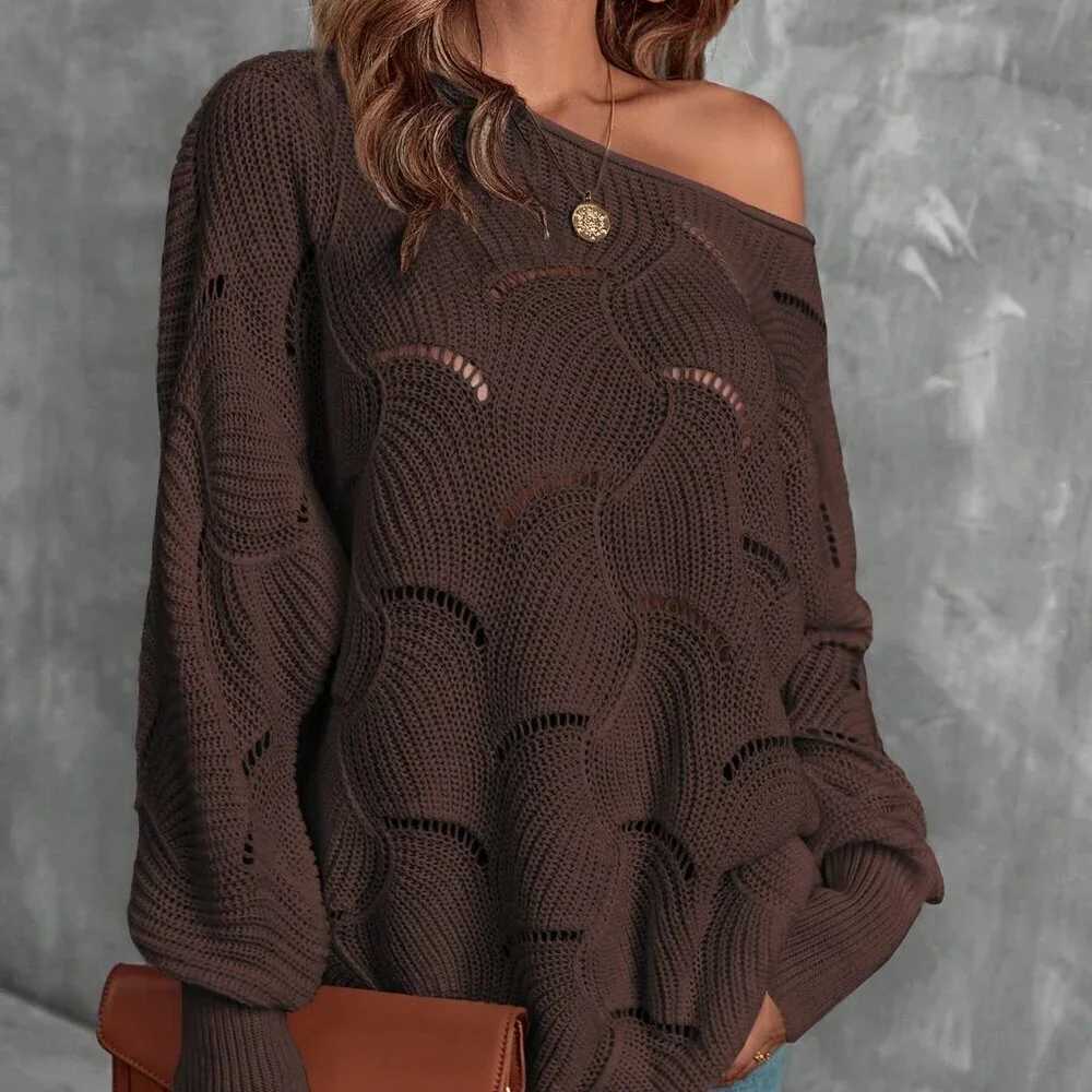 Brown Casual Womens Lantern Sleeve Pointelle Knit Pullover Sweater